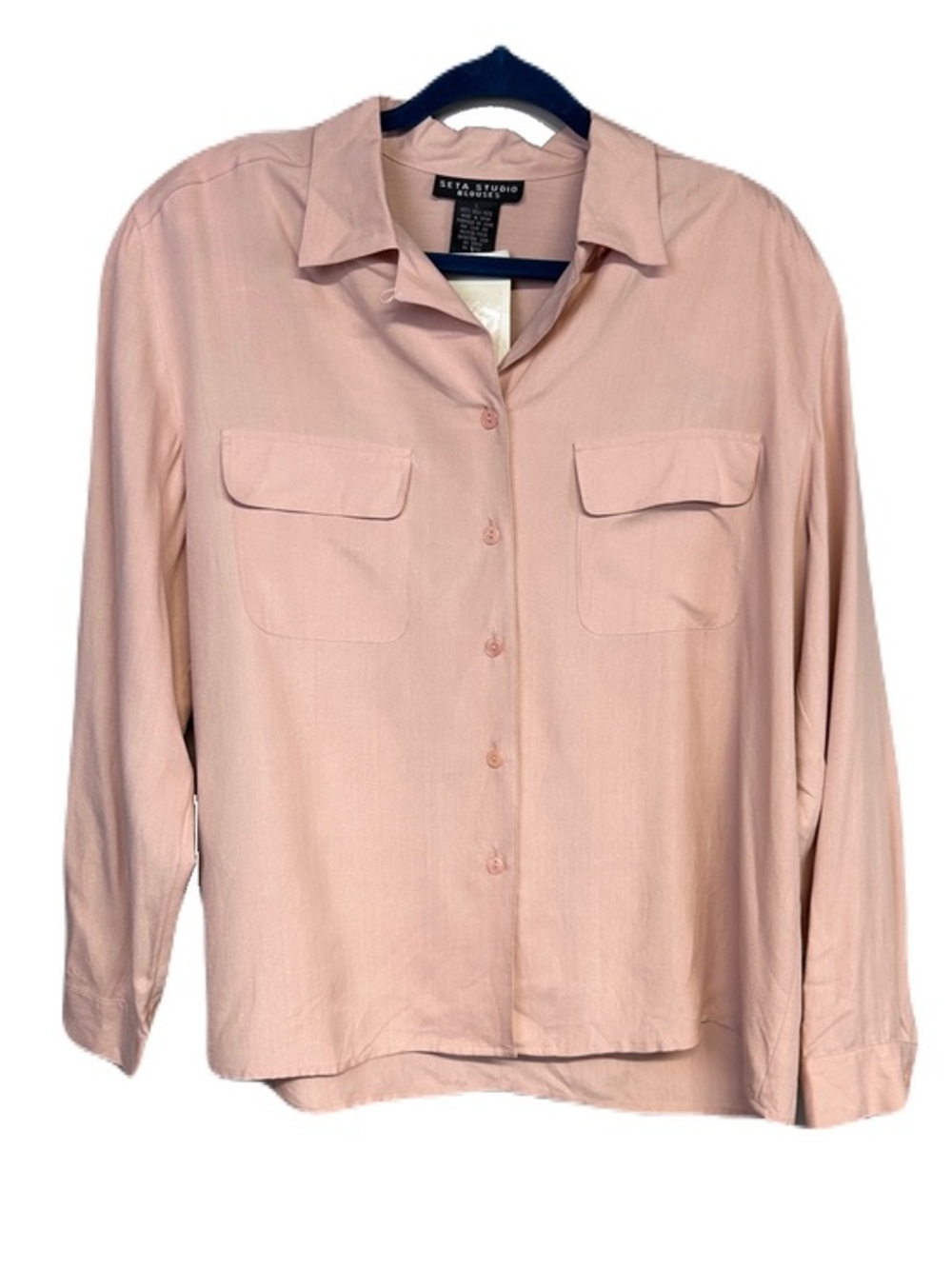 NEW Vtg 80s Seta Studio Silk Button Blouse Blush Pink Washable Office Dressy Lrg